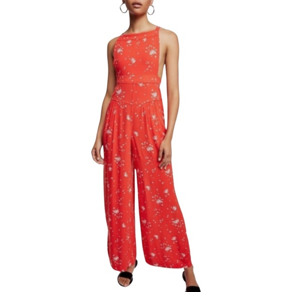 Free People Sweet in the Streets Jumpsuit Wide Leg Floral - Size XS - Orange - Picture 1 of 14